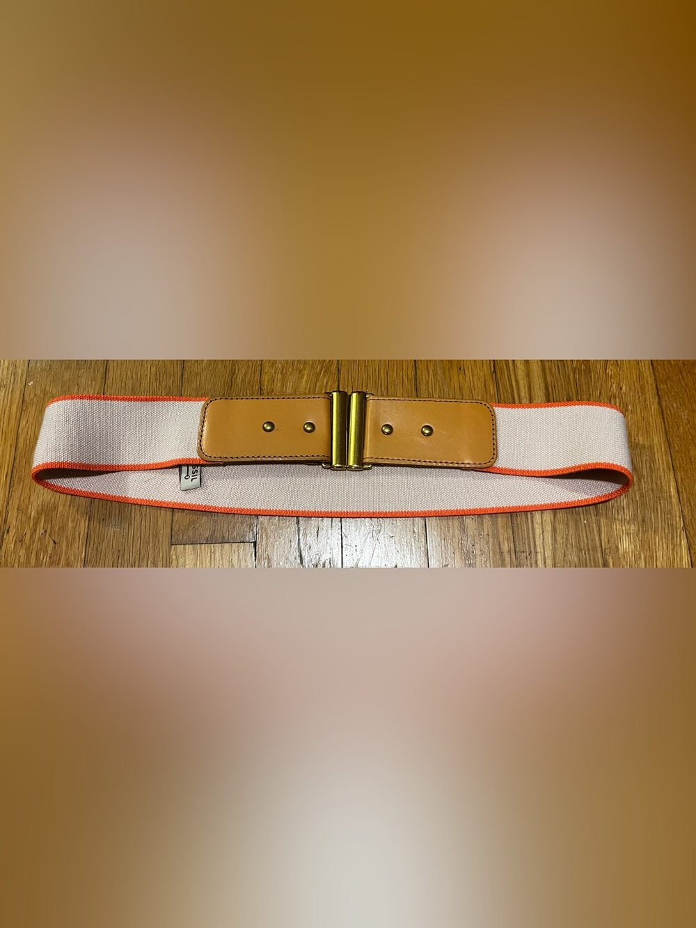 Fossil Beige Elastic Belt with Tan Leather and Gold-Tone Buckle